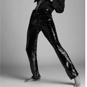 NWT ZARA Black Sequin High Rise pants,zip closure,straight legs,slim fit,pockets